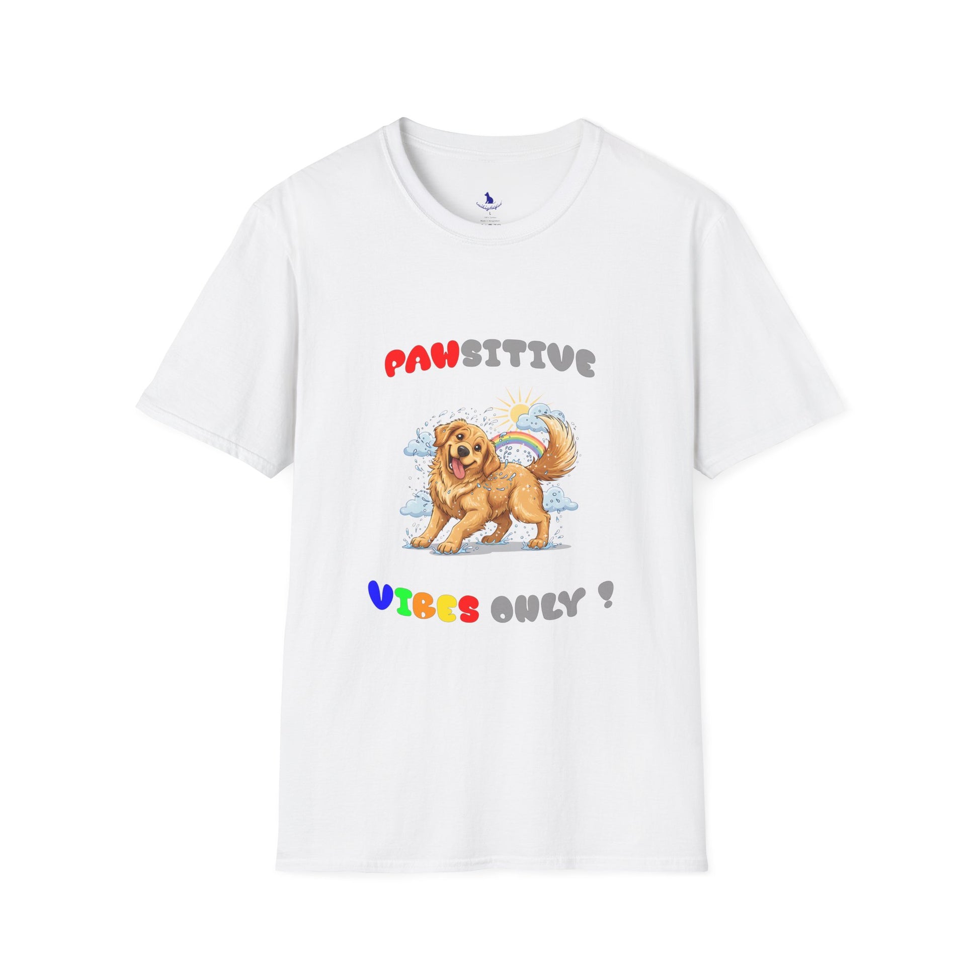 White t-shirt with a cartoon dog and text on a white background