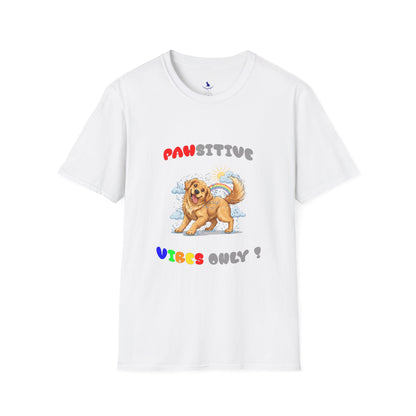 White t-shirt with a cartoon dog and text on a white background