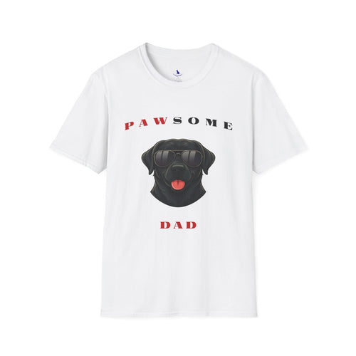 White t-shirt with a black dog graphic and 'PAWSOME DAD' text on a white background