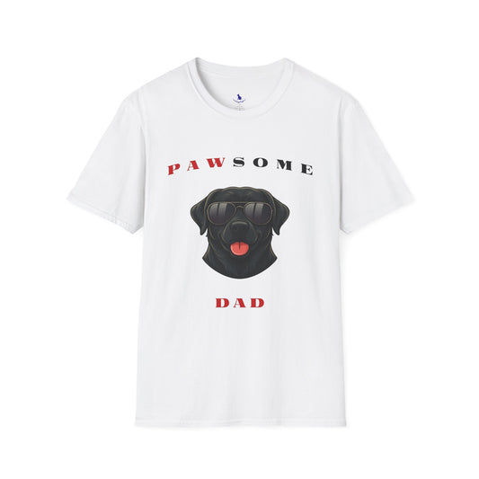 White t-shirt with a black dog graphic and 'PAWSOME DAD' text on a white background