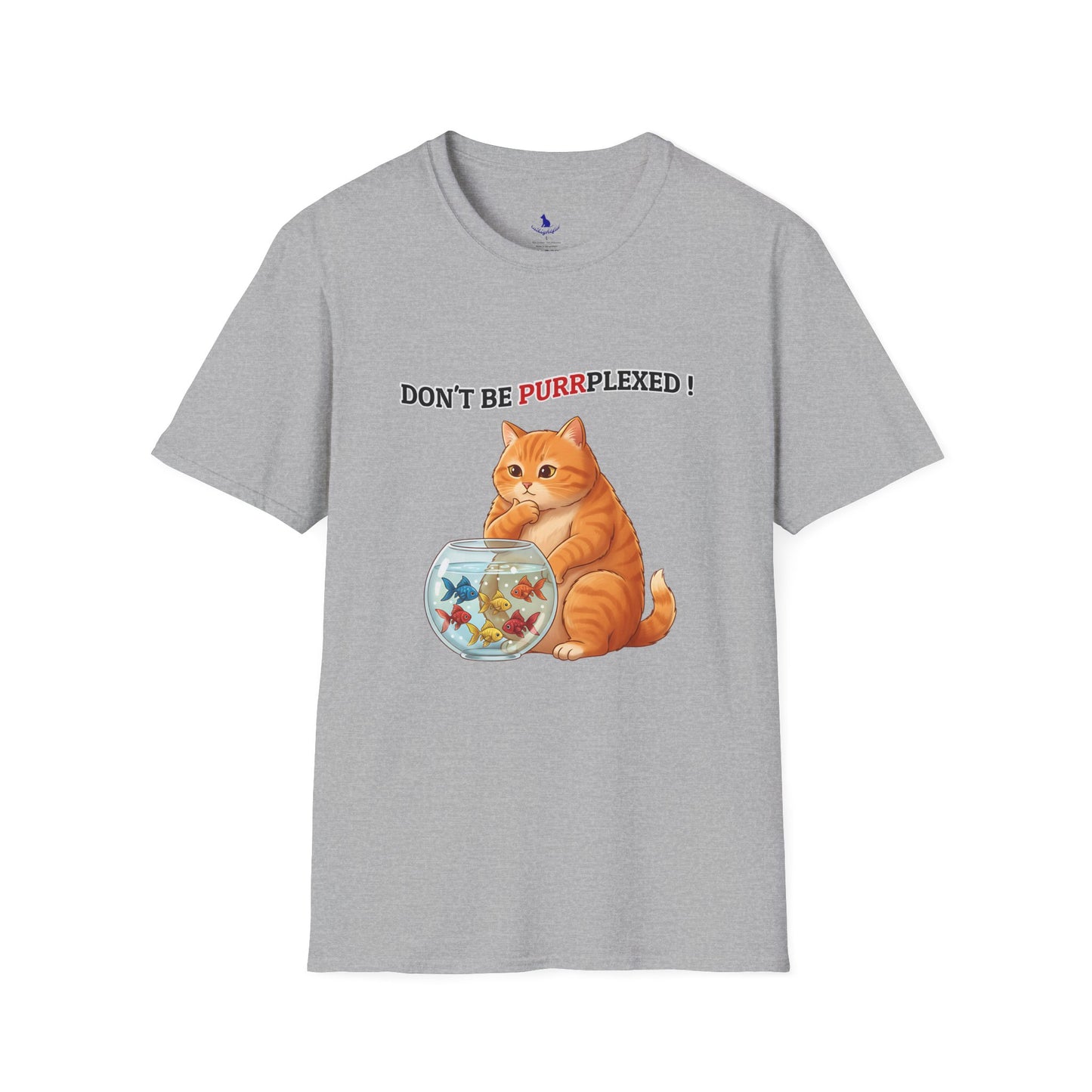Gray t-shirt with a cat and fishbowl graphic and text 'Don't be purrplexed!' on a white background