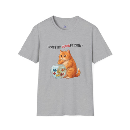 Gray t-shirt with a cat and fishbowl graphic and text 'Don't be purrplexed!' on a white background