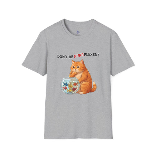 Gray t-shirt with a cat and fishbowl graphic and text 'Don't be purrplexed!' on a white background