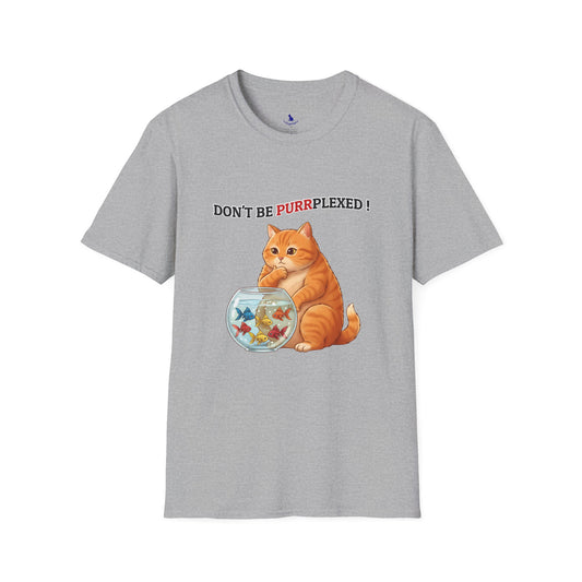 Gray t-shirt with a cat and fishbowl graphic and text 'Don't be purrplexed!' on a white background