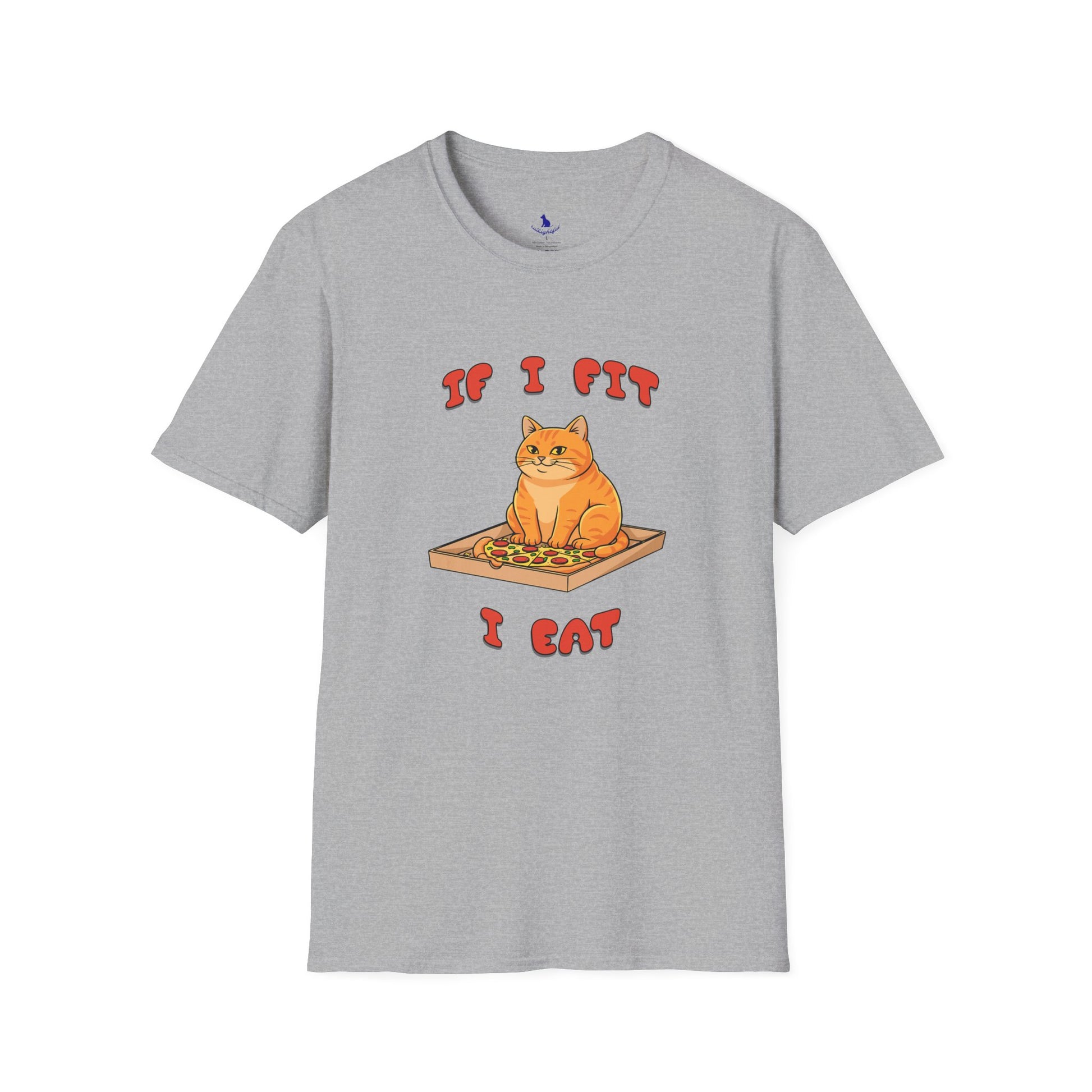 Gray t-shirt with a cat eating pizza graphic and text on a white background