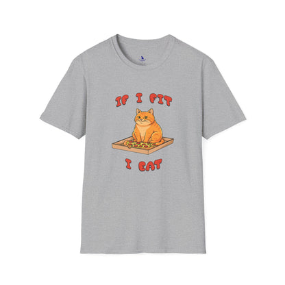 Gray t-shirt with a cat eating pizza graphic and text on a white background