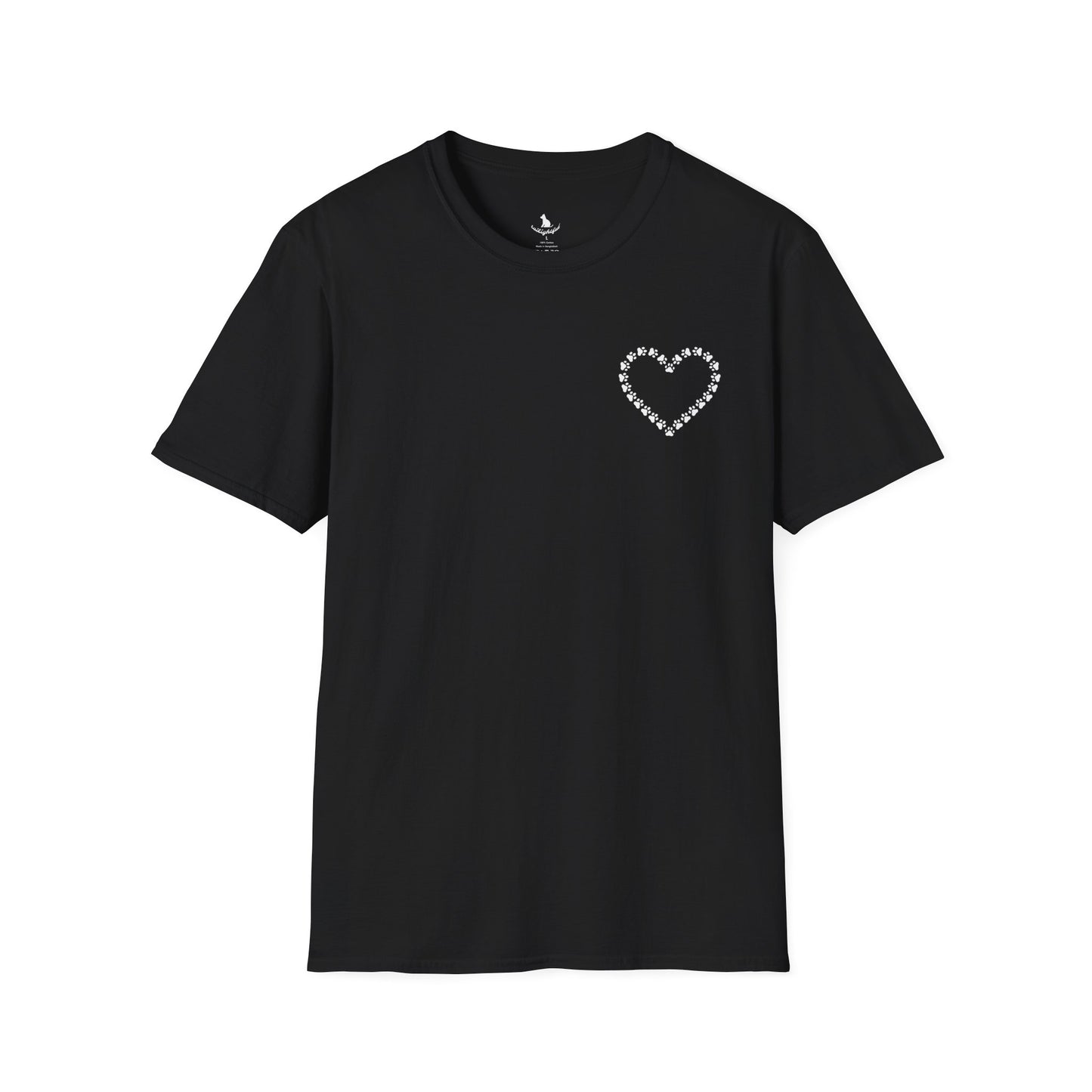 Black t-shirt with a small graphic on the chest against a white background