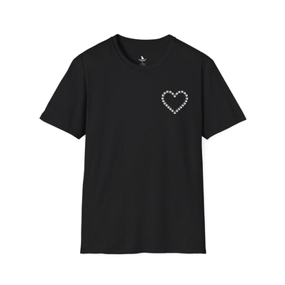 Black t-shirt with a small graphic on the chest against a white background