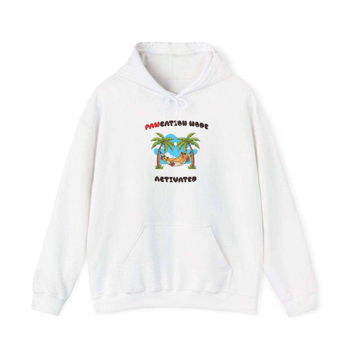 White hoodie with a tropical design and text on a white background