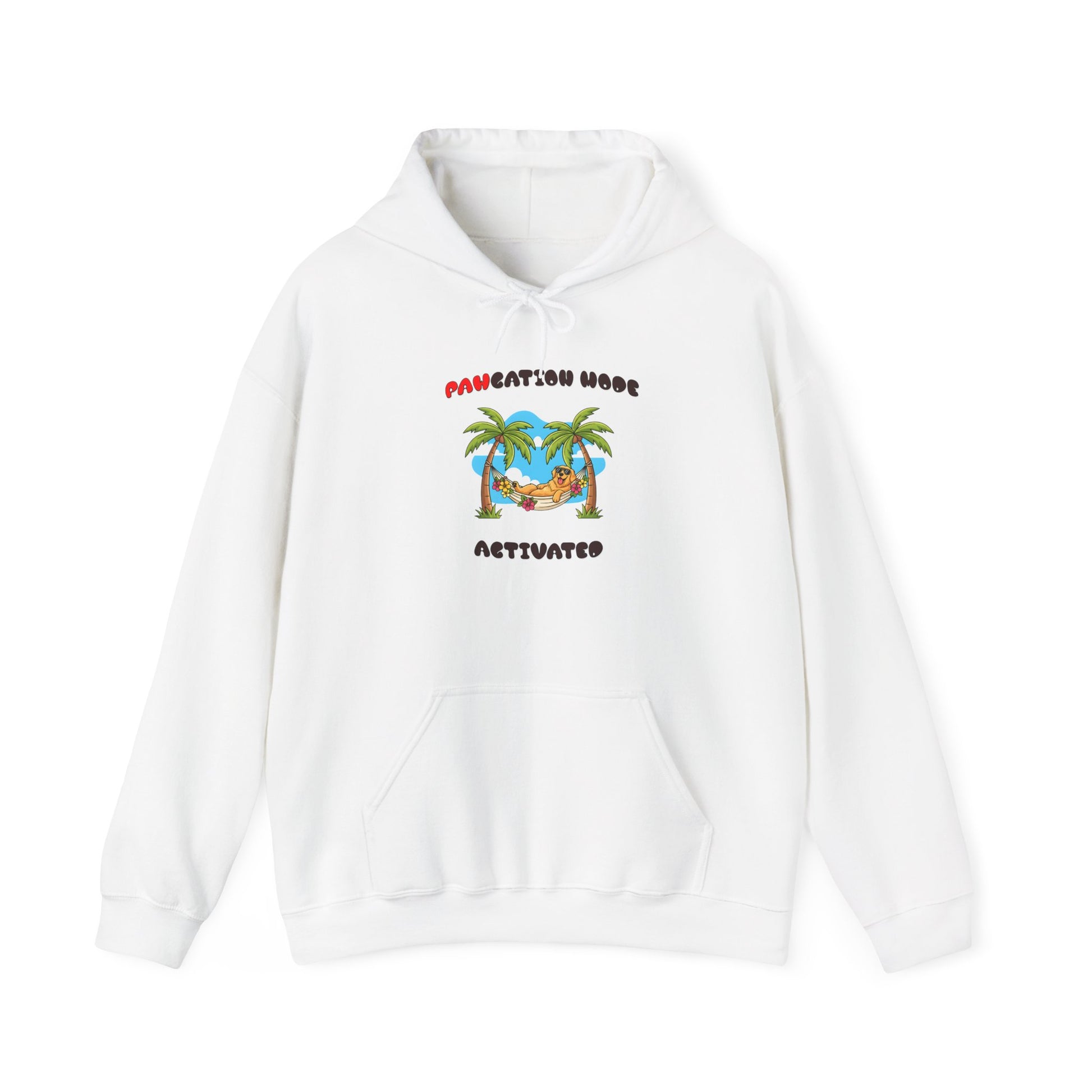 White hoodie with a tropical design and text on a white background