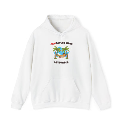 White hoodie with a tropical design and text on a white background