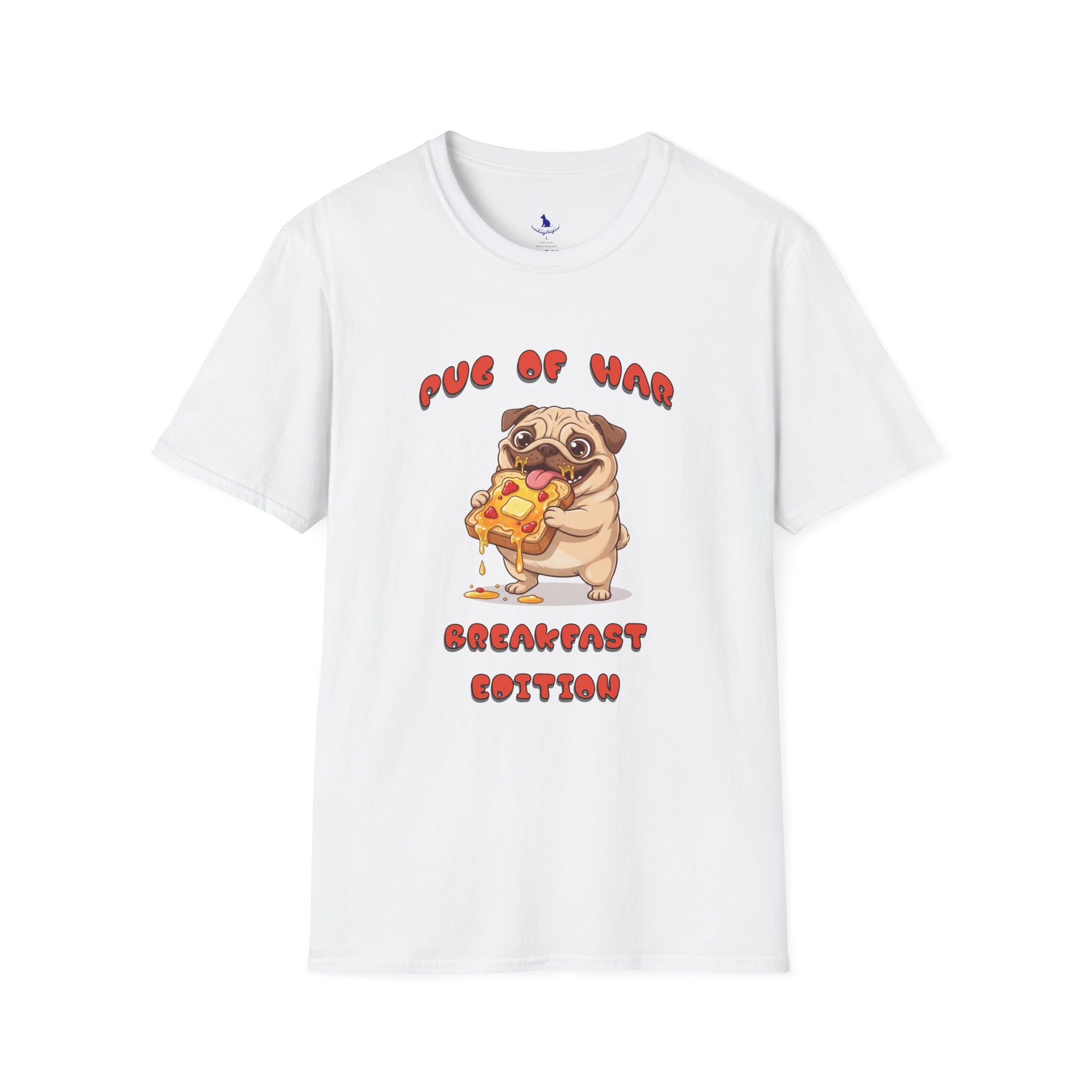 White t-shirt with a pug and text on white background