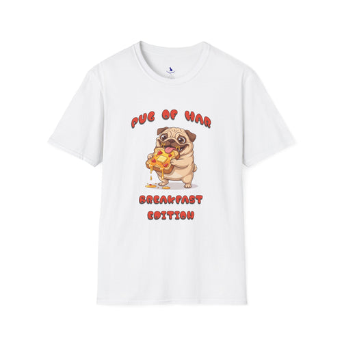 White t-shirt with a pug and text on white background