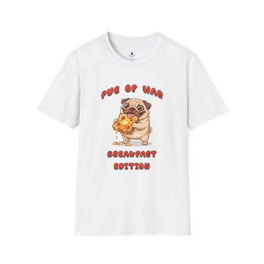 White t-shirt with a pug and text on white background