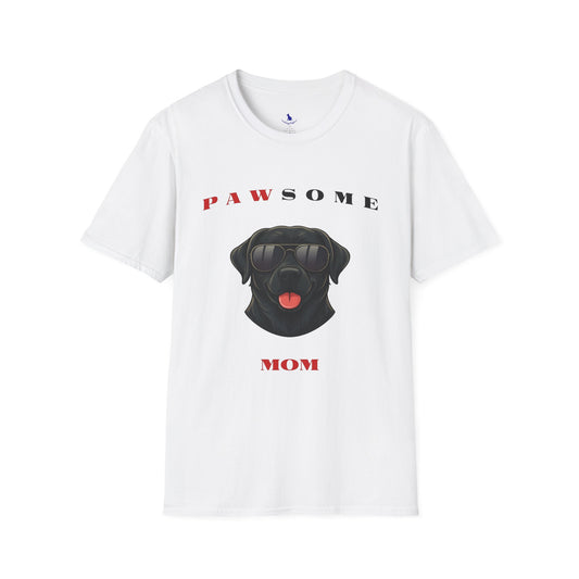 White t-shirt with a black dog graphic and 'PAWSOME MOM' text on a white background
