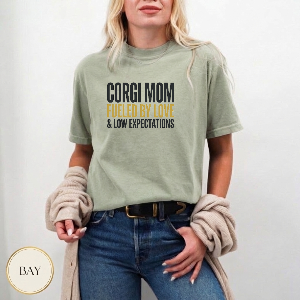 Corgi Mom Power Typography Shirt — lifestyle mockup