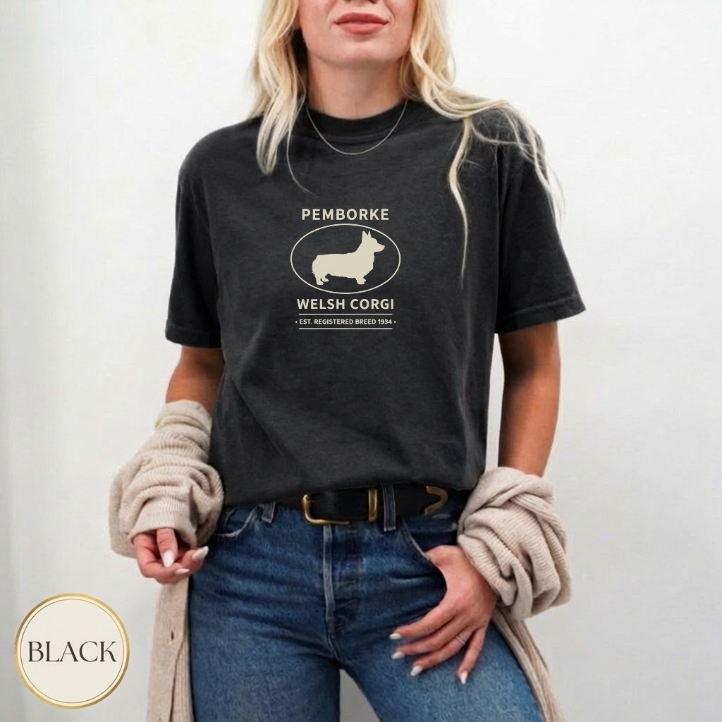 Welsh Corgi Pride Badge Shirt — garment-dyed tee detail