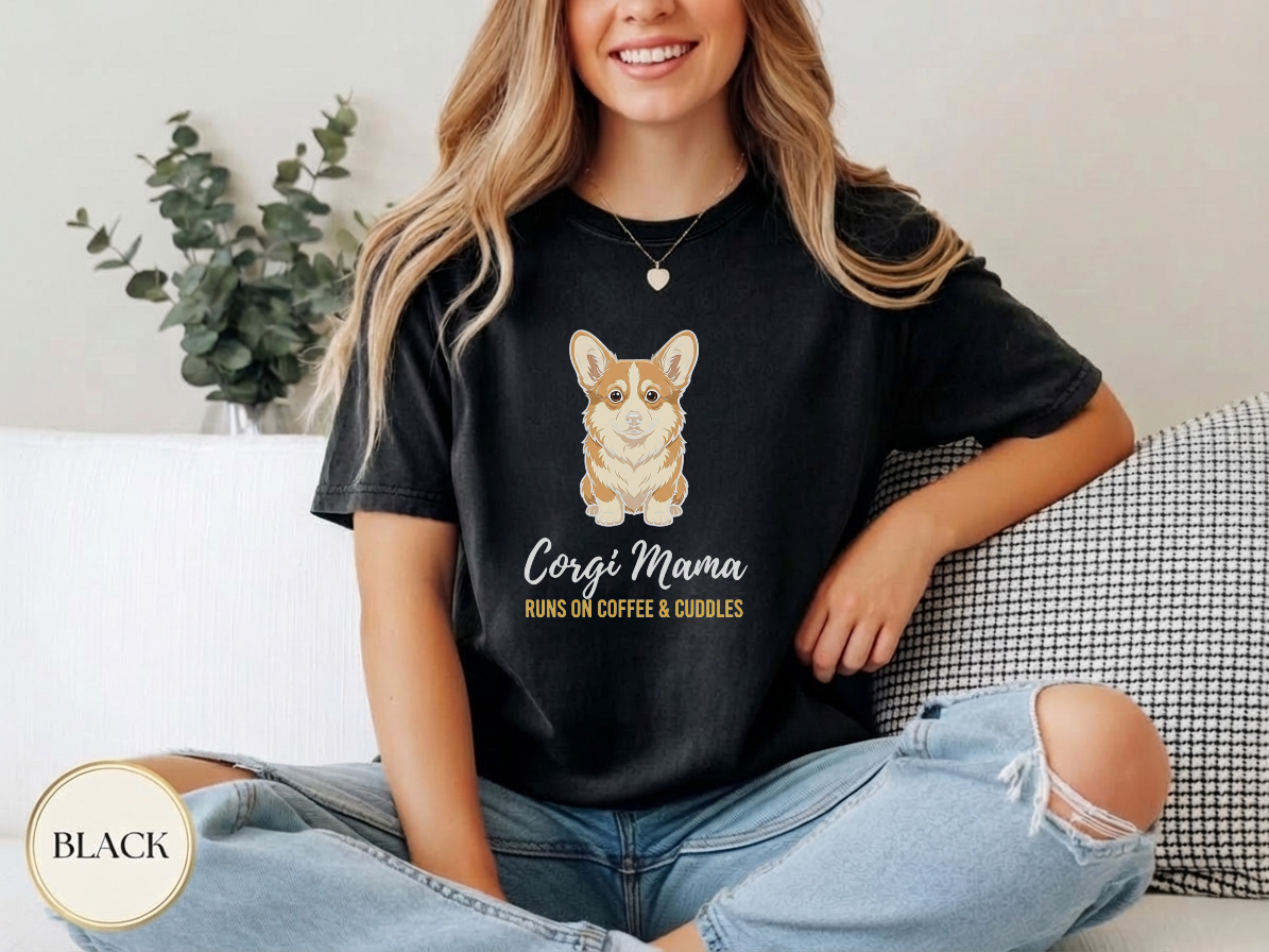 Coffee Corgi Cuddles Shirt — garment-dyed tee detail