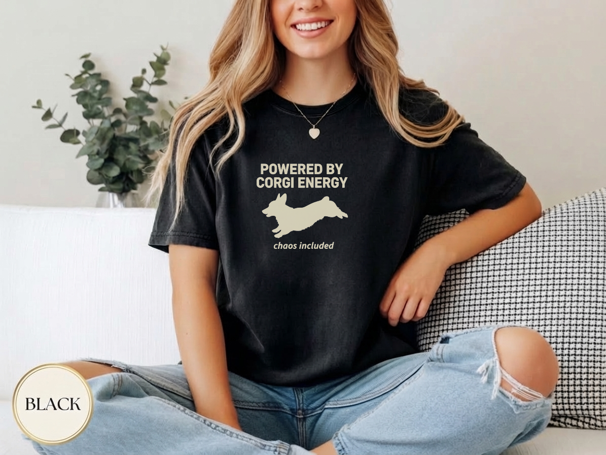 Powered By Corgi Energy Shirt — garment-dyed tee detail