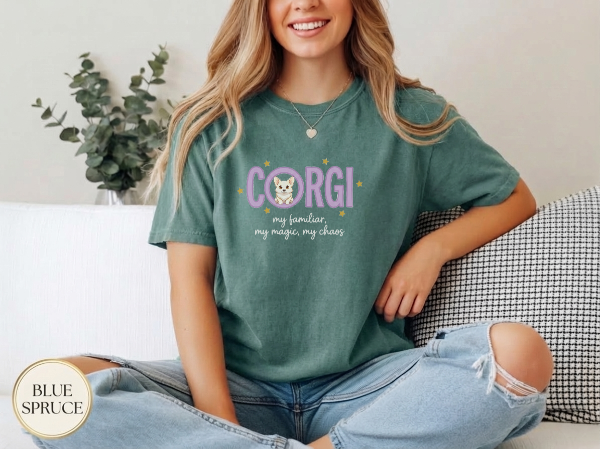 Celestial Corgi Mom Shirt — wearable print close-up