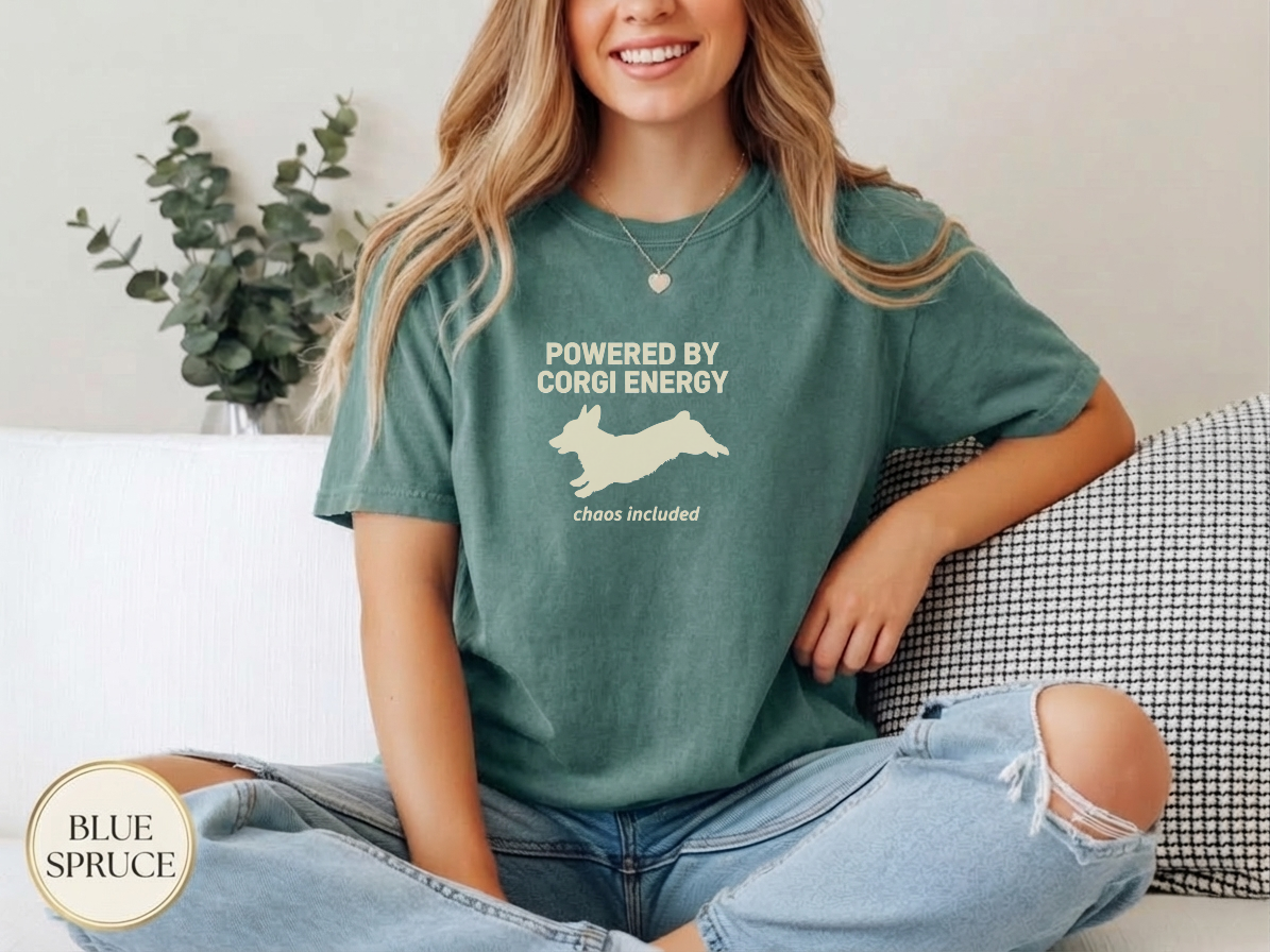 Powered By Corgi Energy Shirt — wearable print close-up