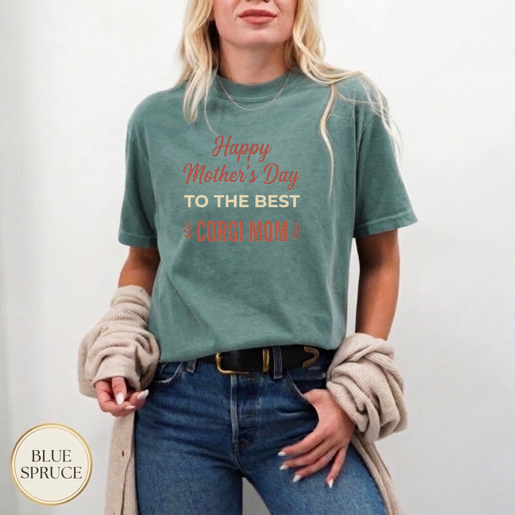 Happy Corgi Mom Day Shirt — wearable print close-up
