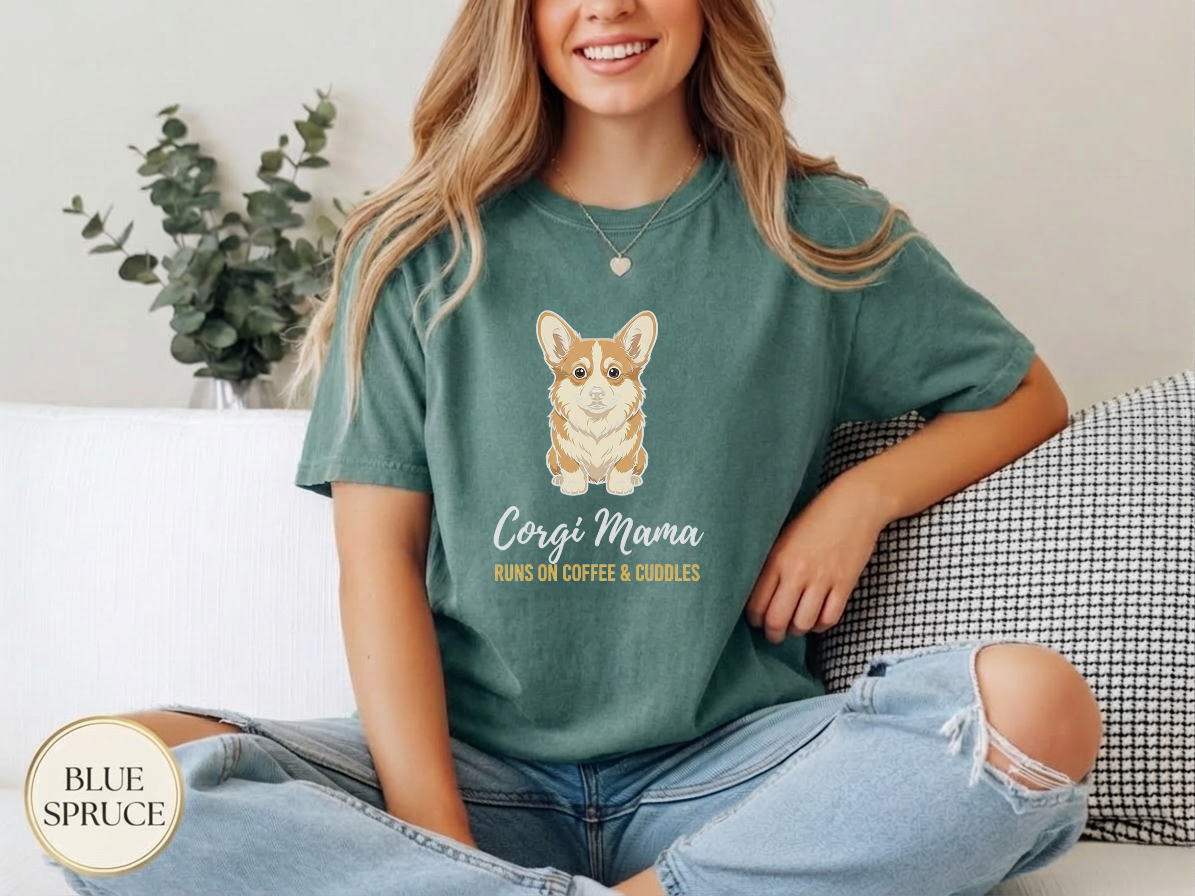 Coffee Corgi Cuddles Shirt — wearable print close-up