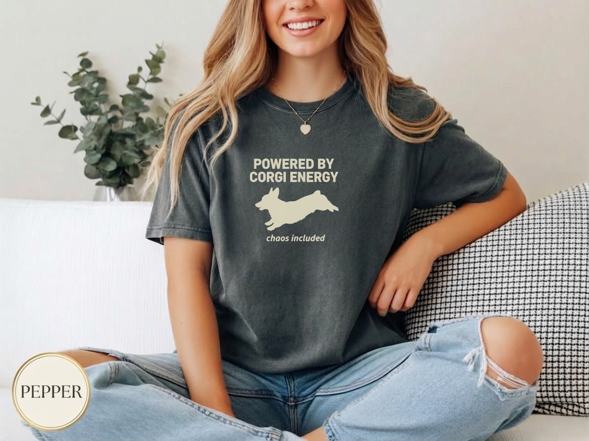 Powered By Corgi Energy Shirt — flat lay mockup
