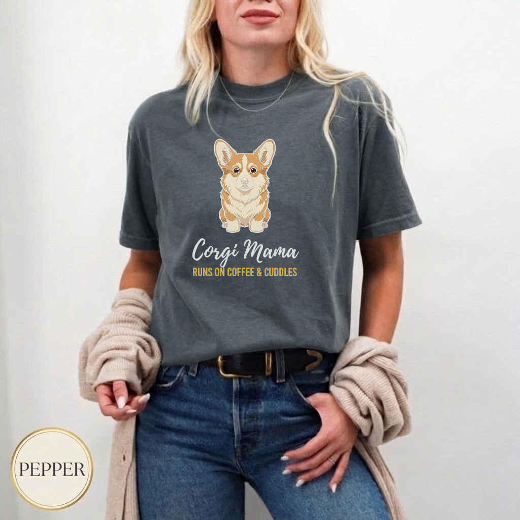 Coffee Corgi Cuddles Shirt — flat lay mockup