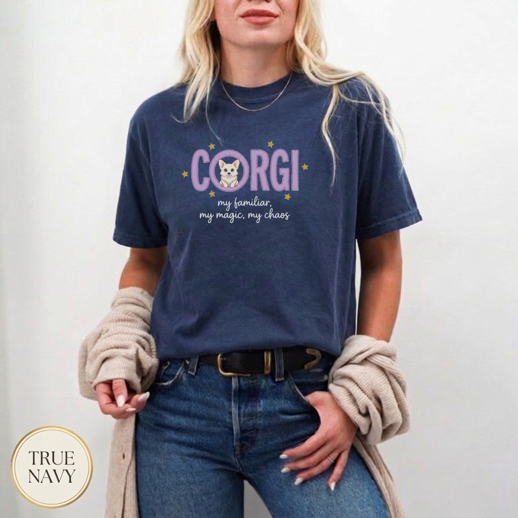 Celestial Corgi Mom Shirt — flat lay mockup