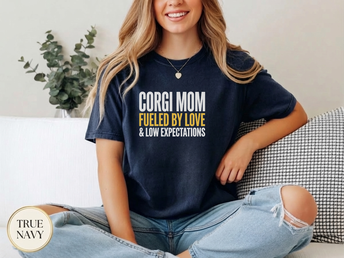 Corgi Mom Power Typography Shirt — flat lay mockup